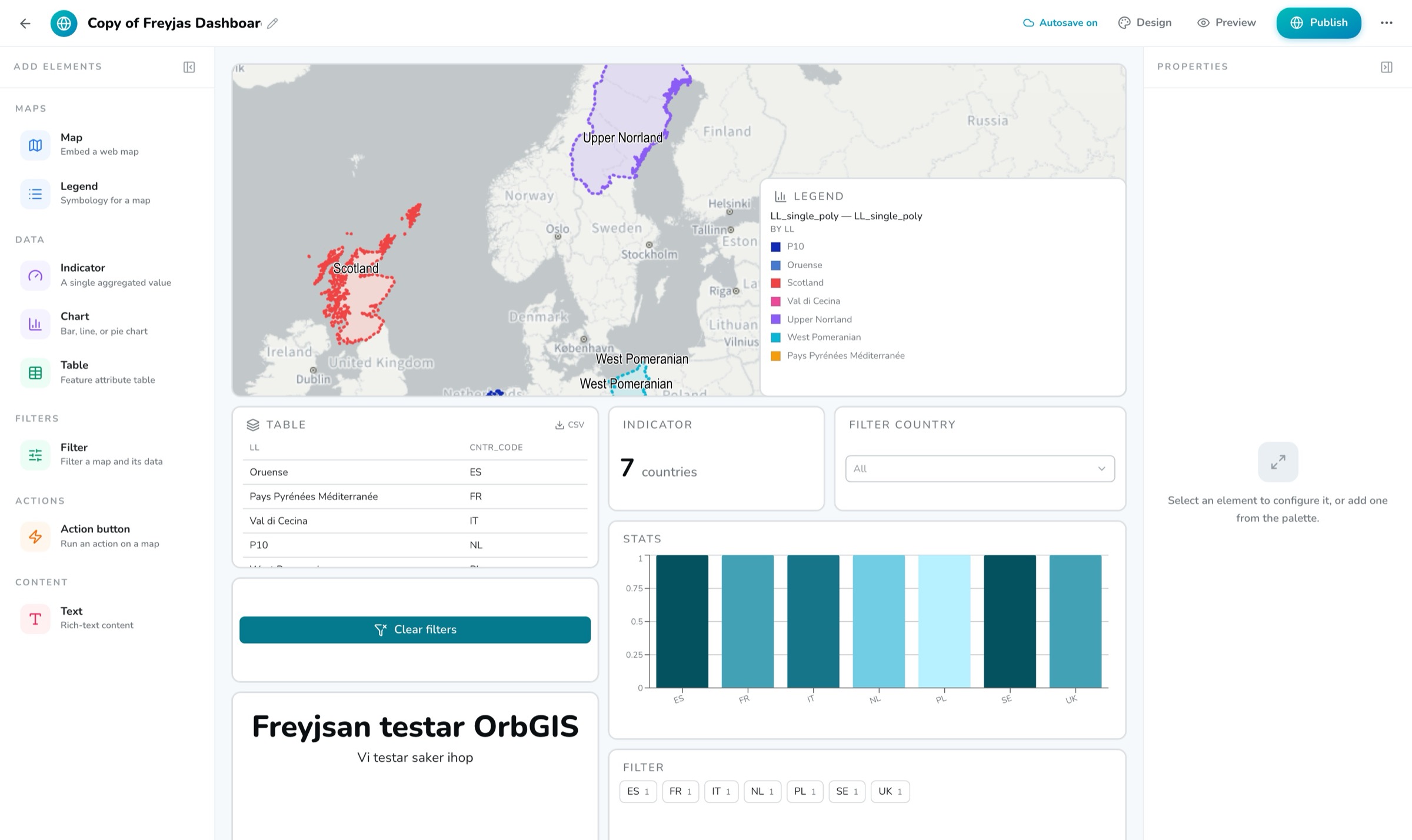 Dashboard-byggaren i OrbGIS med sin elementpalett