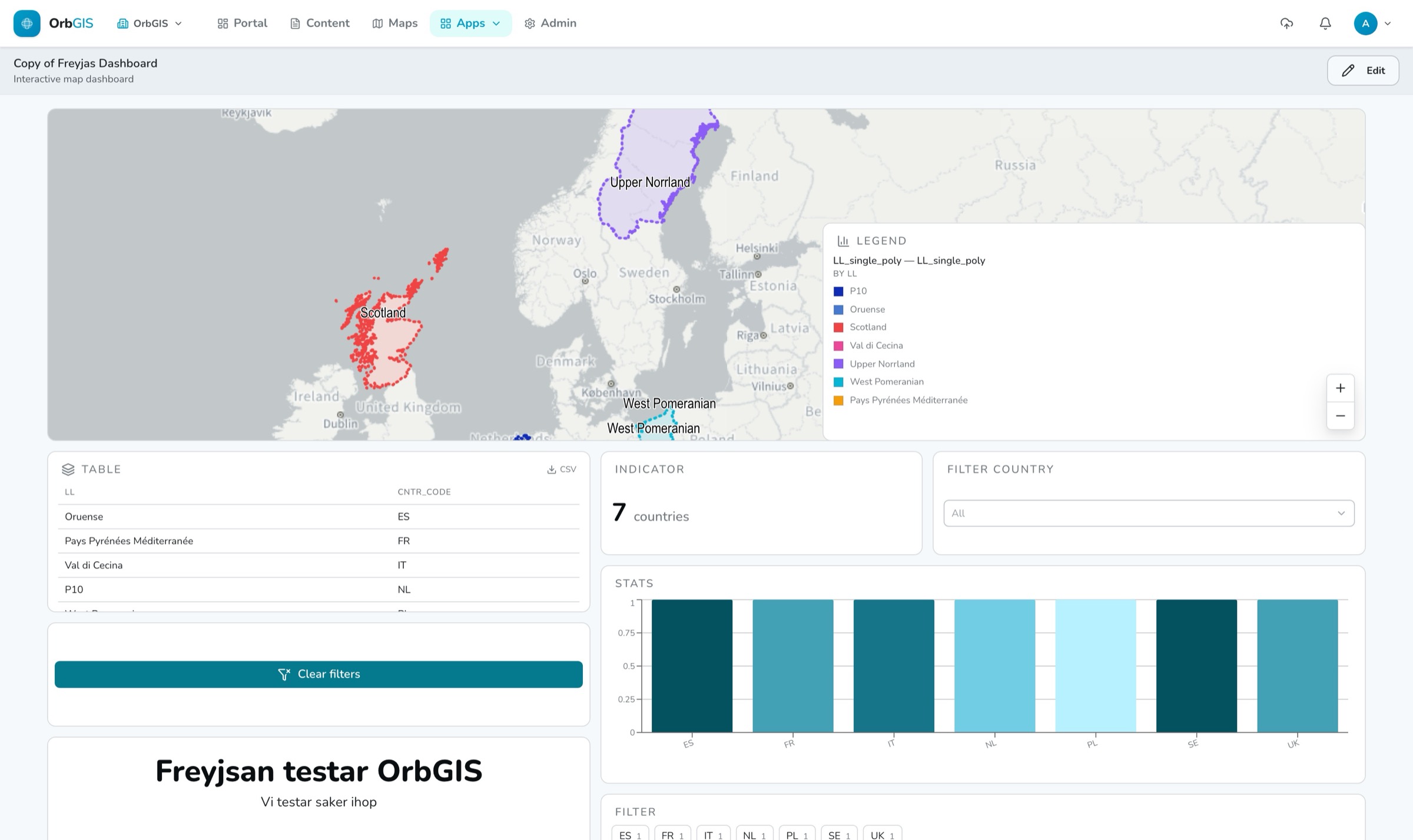 En publicerad Dashboard i OrbGIS med karta, tabell och nyckeltal