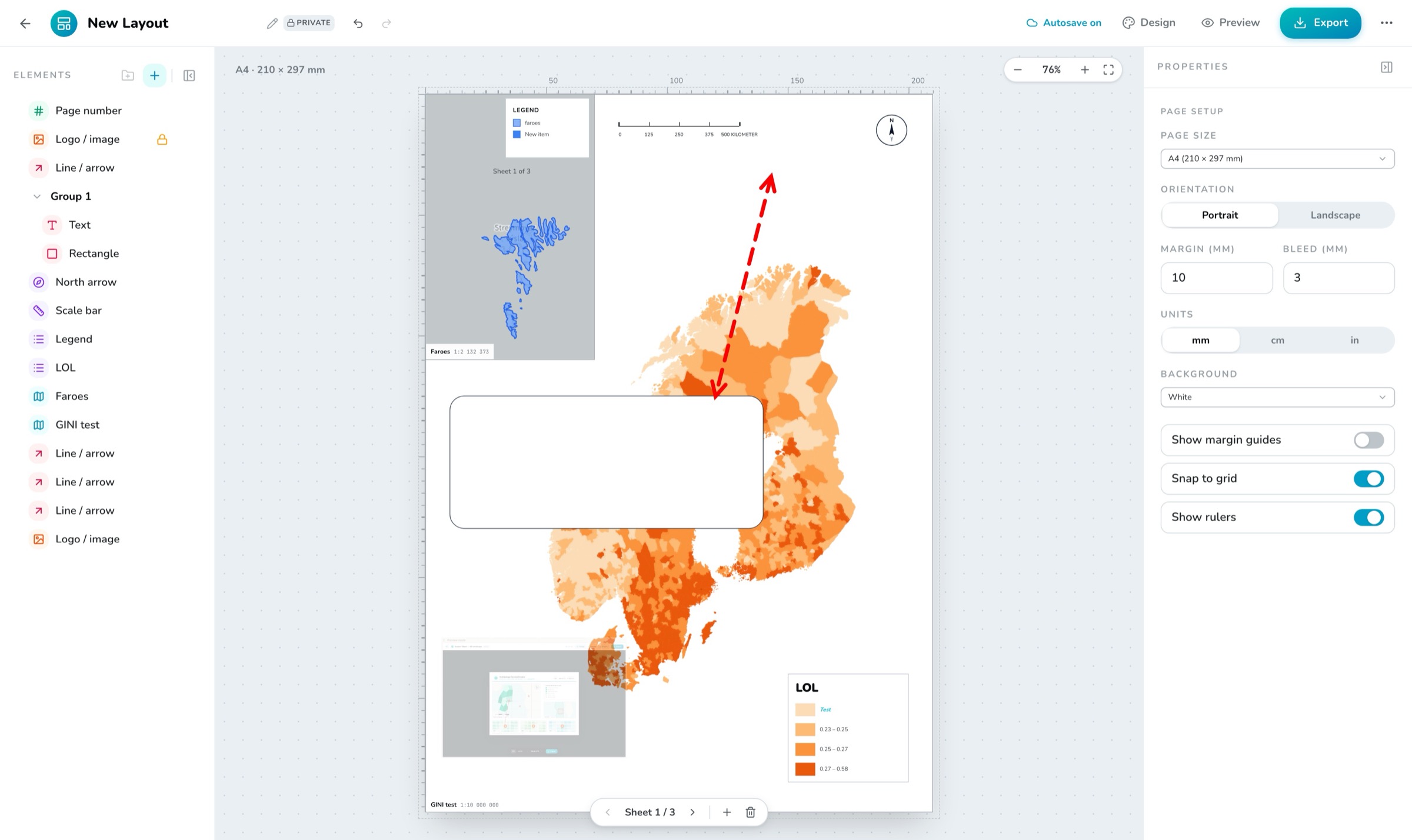 En utskriftslayout med koropletkarta och översiktskartor