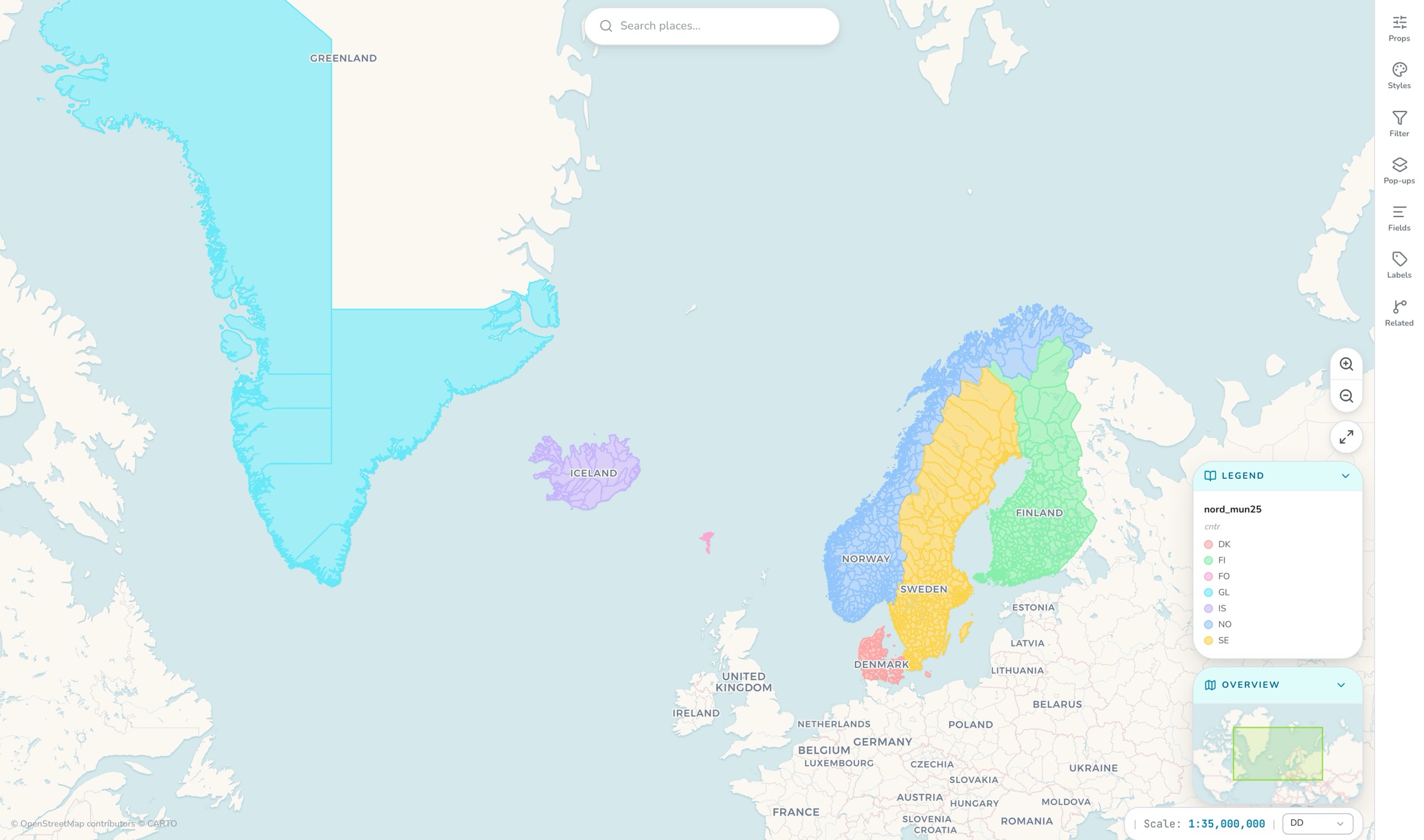Kategoriserad symbologi över de nordiska länderna i OrbGIS-kartvyn