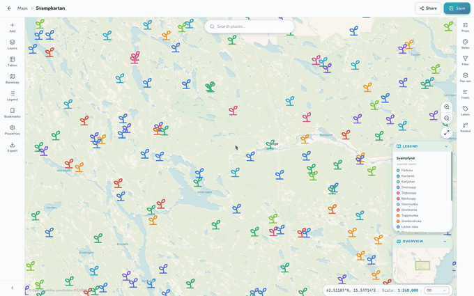 Kartvyn i OrbGIS med stylade lager